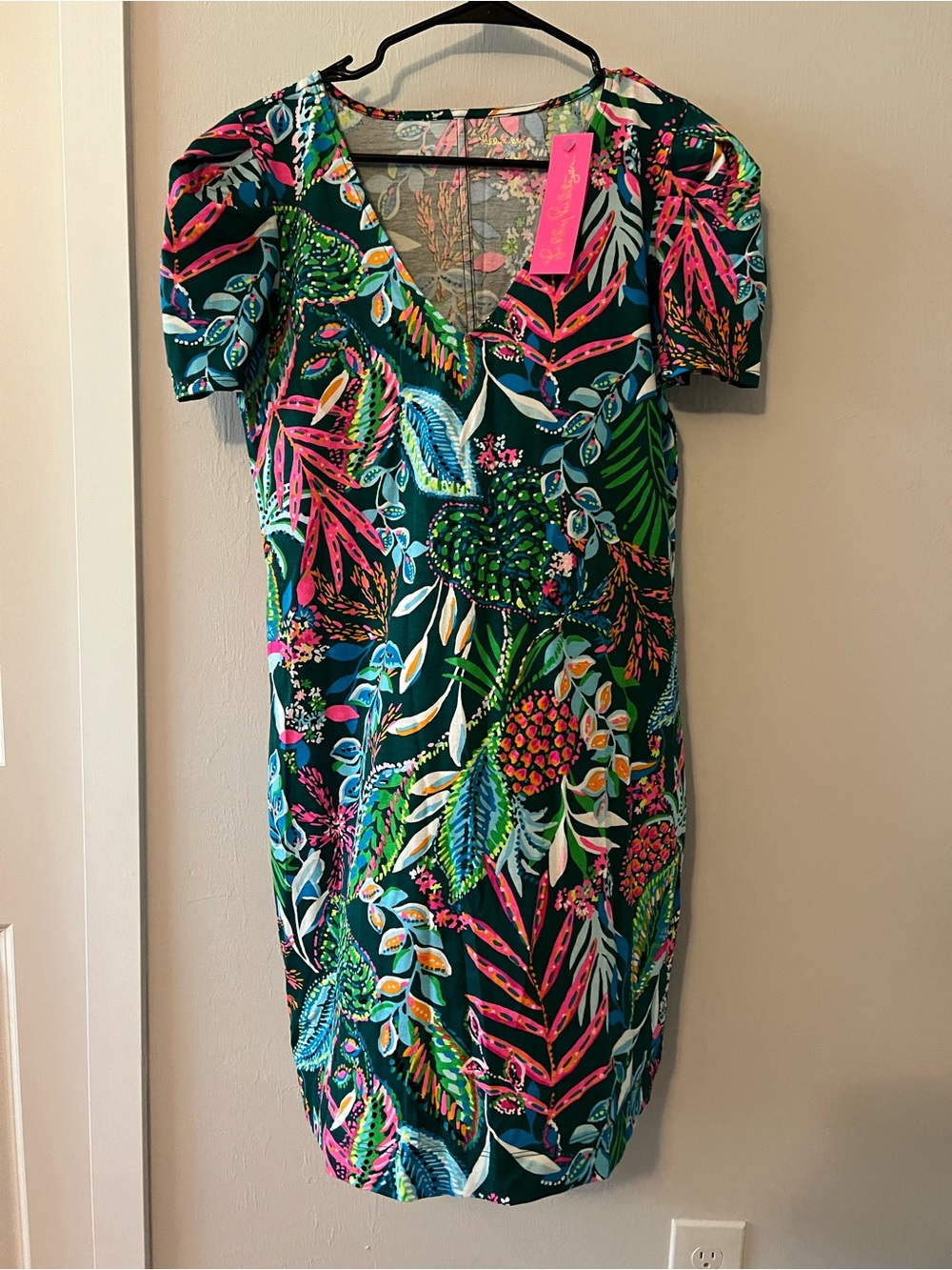 Lilly Pulitzer Teal Tropical Print V-Neck Dress with Pink & Green Accents